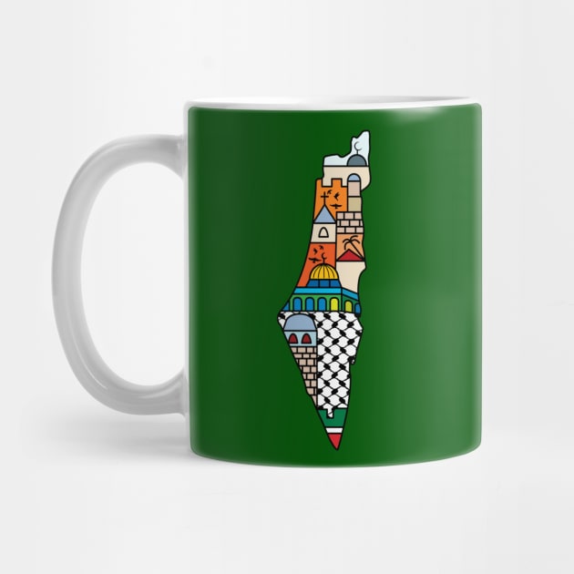 I Love Palestine My Homeland Palestinian Map with Kufiya Hatta Pattern and Most Sacred Cites -wht by QualiTshirt